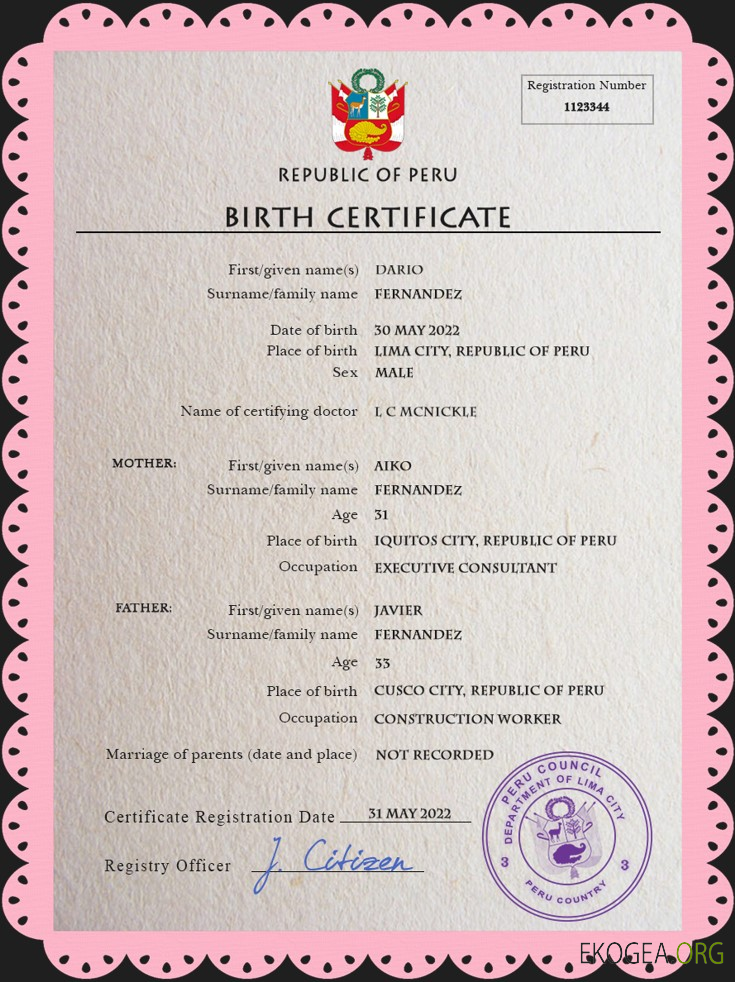 Modèle PSD de certificat de naissance d'état civil du Pérou